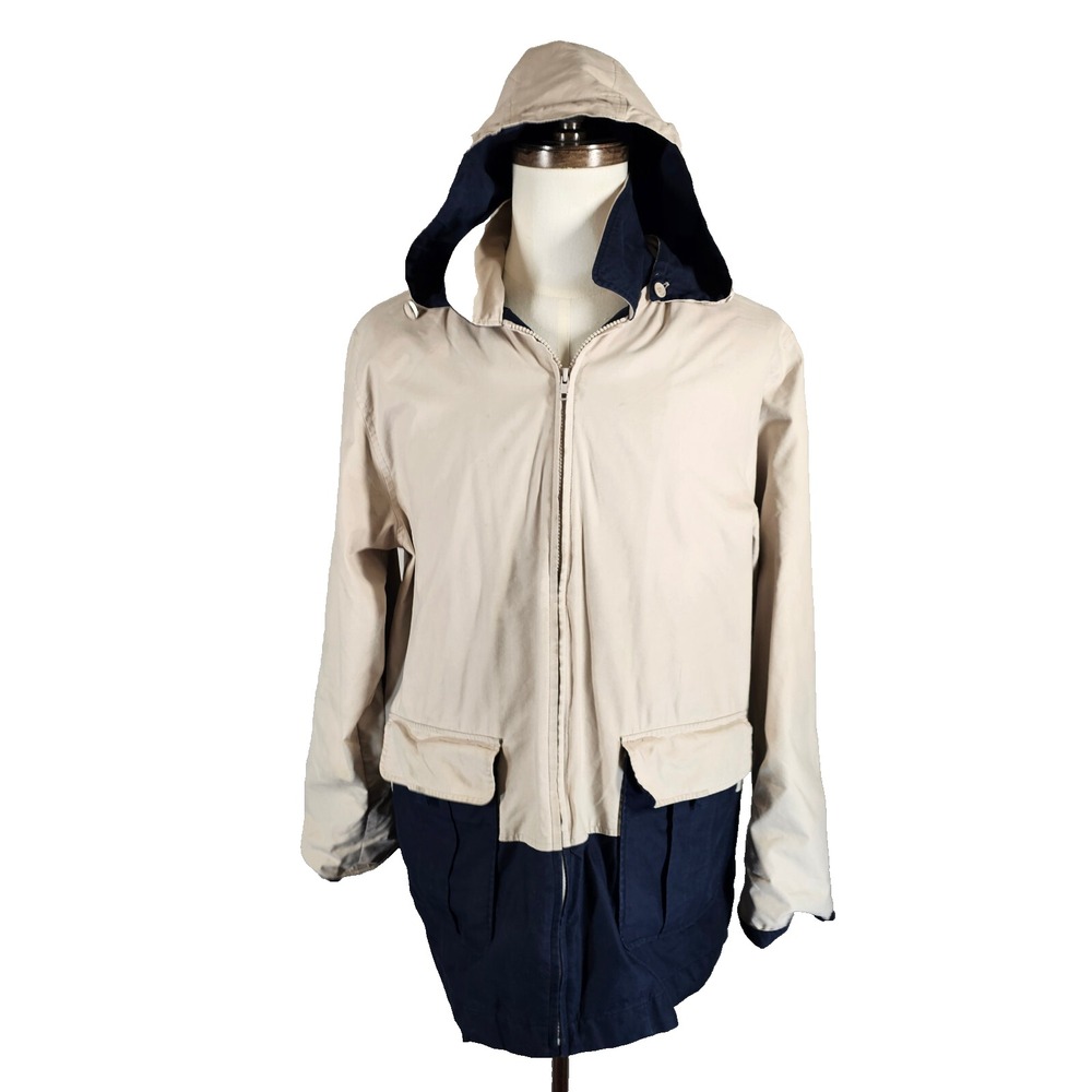 London Fog Coat Womens Large Tan Navy‎ Hooded Rain Wind All Weather Jacket